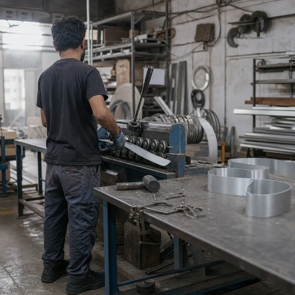 Fabrication bay inside the IBS manufacturing facility in Mumbai, with signage panels and metal sections in production