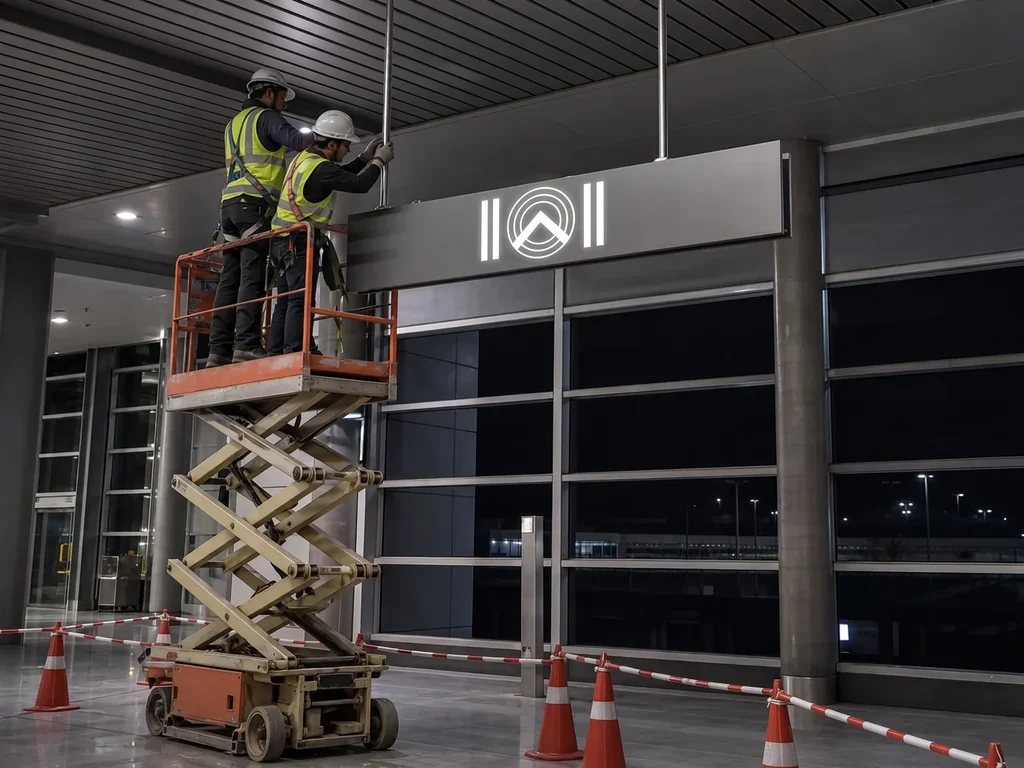 IBS crew installing overhead wayfinding signage inside an airport terminal