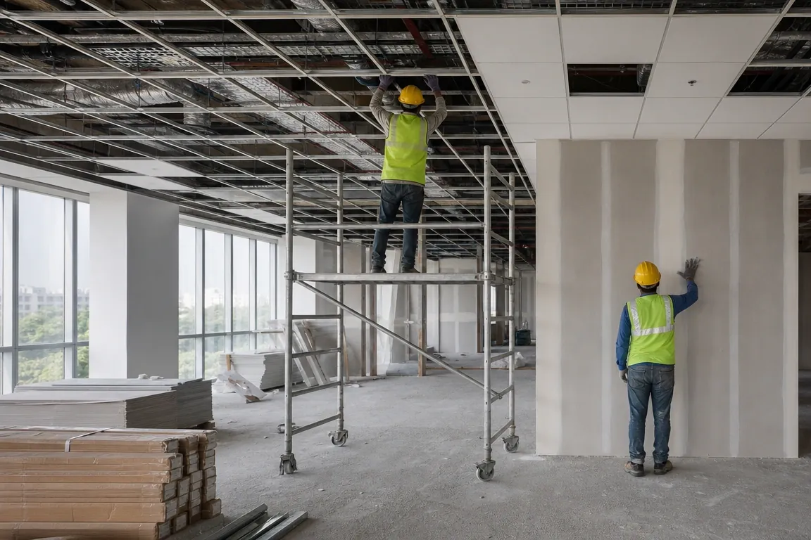 Commercial office fit-out mid-execution, with false-ceiling grid, glass partitions and services being run