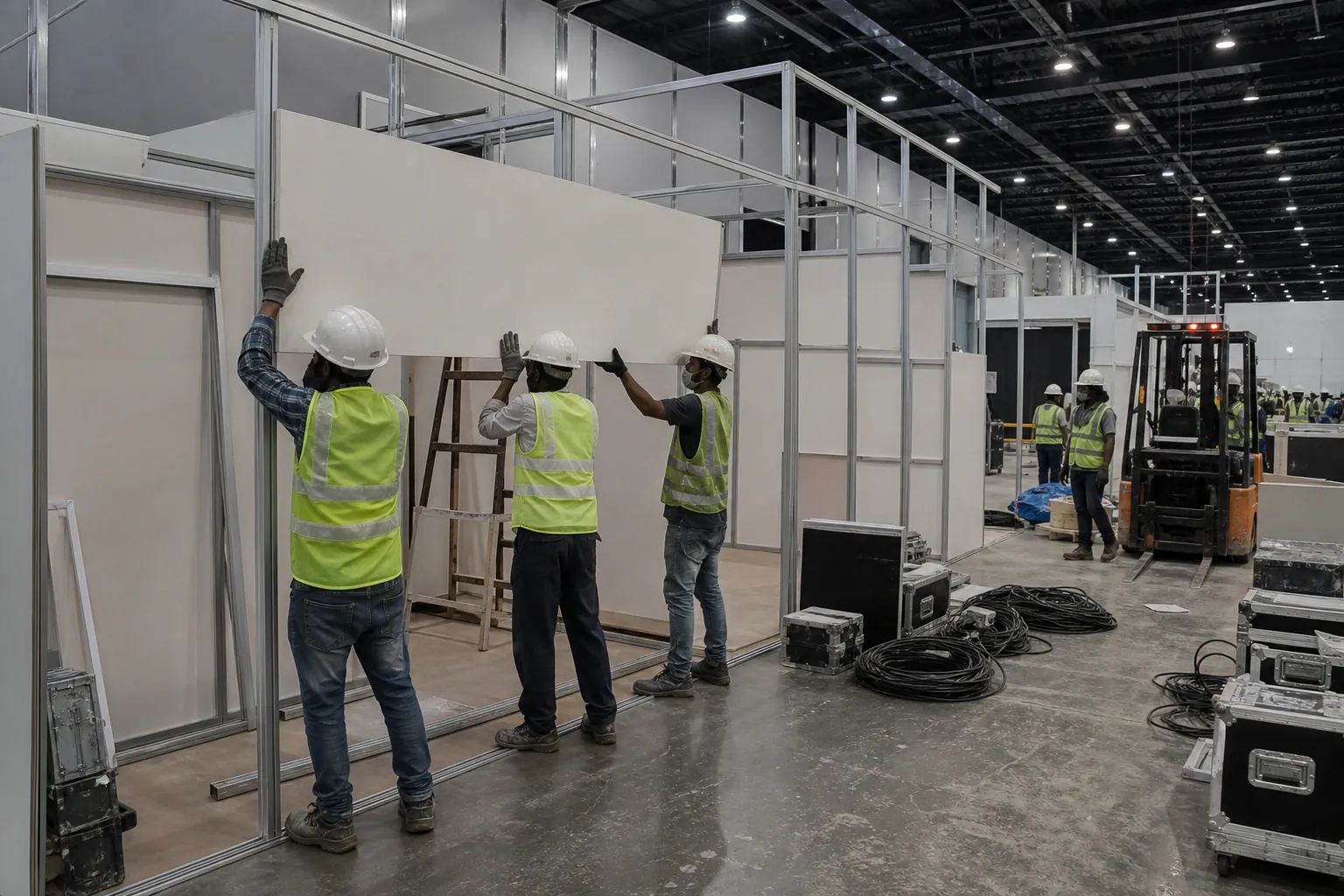 Exhibition stall structure and printed panels being assembled