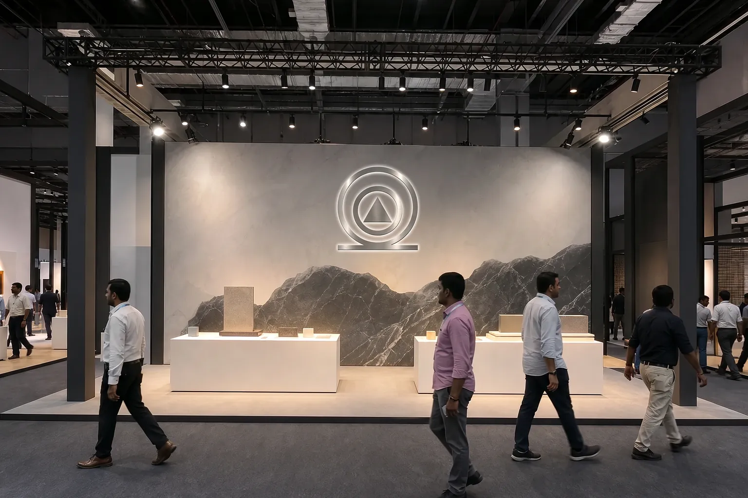 Modular exhibition stall with printed backwall and product plinths