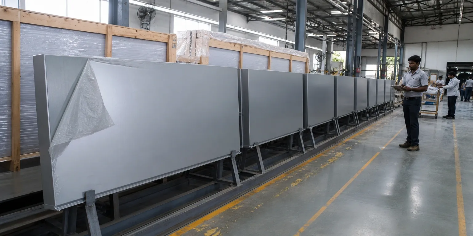 Finished fascia panels racked in sequence on a production floor before dispatch to multiple cities
