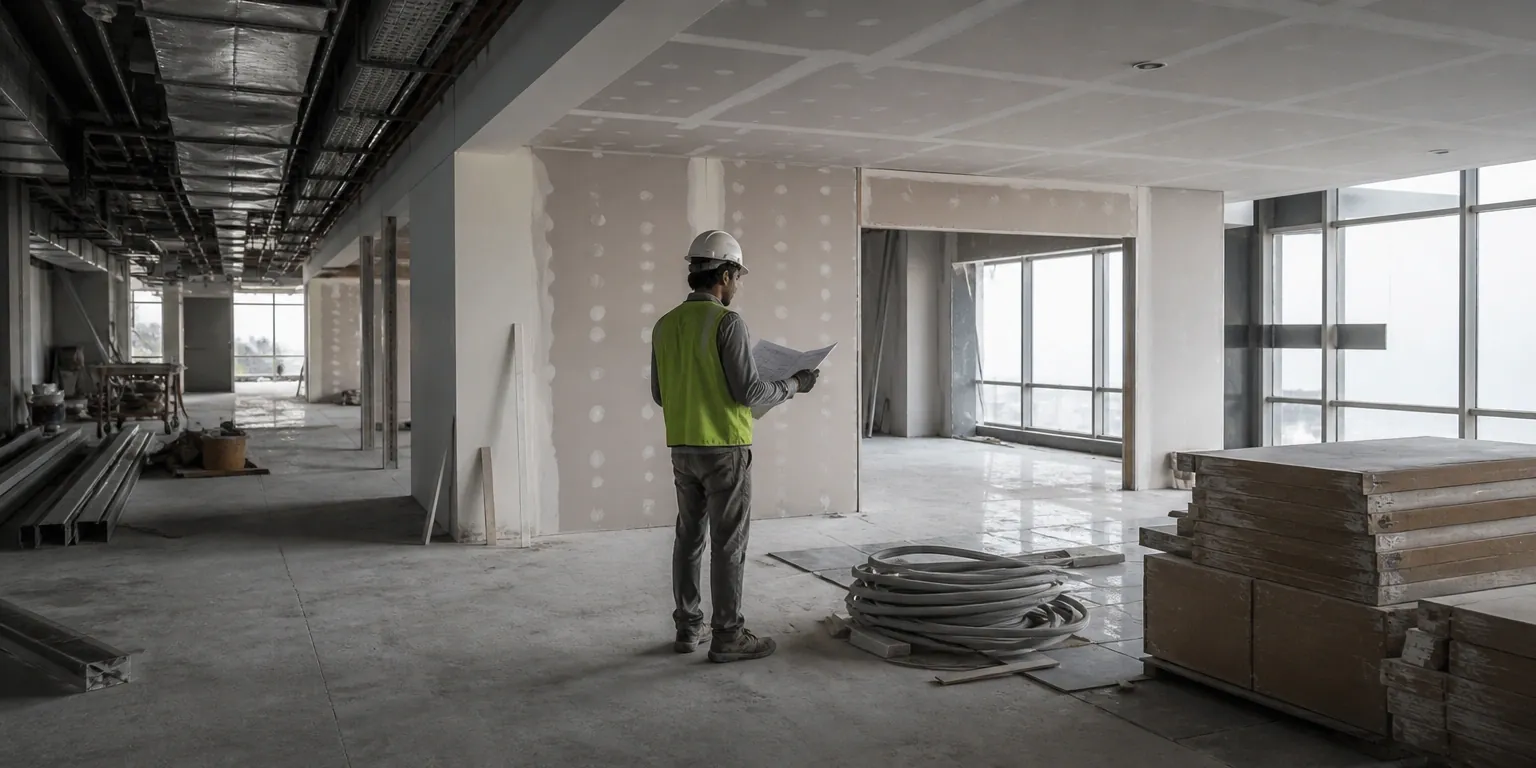Open-plan office floor mid fit-out, with ceiling, electrical and interior trades working the same site