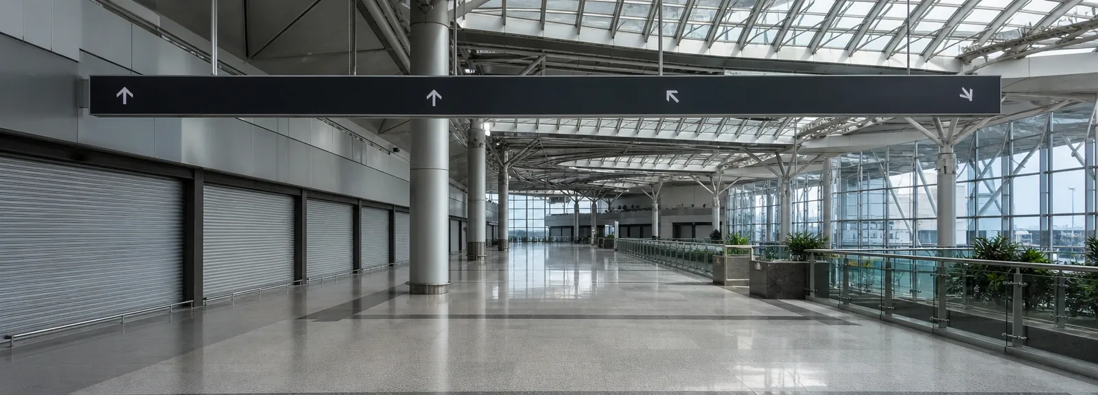 Airside retail row with illuminated storefronts running along a terminal walkway