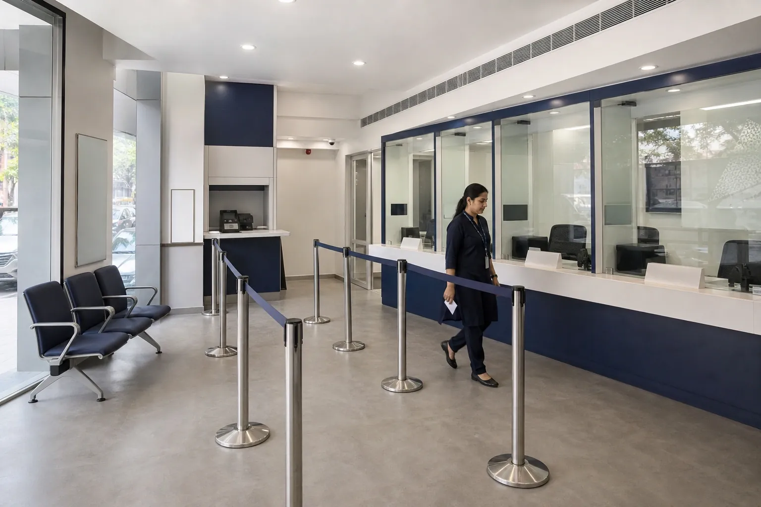 Bank branch interior with branded teller counter panels and a queue display above the service desks