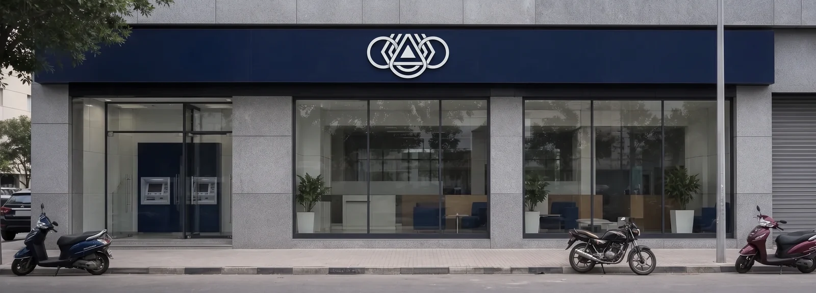 Bank branch frontage clad in ACP with an illuminated identity sign running above the entrance doors