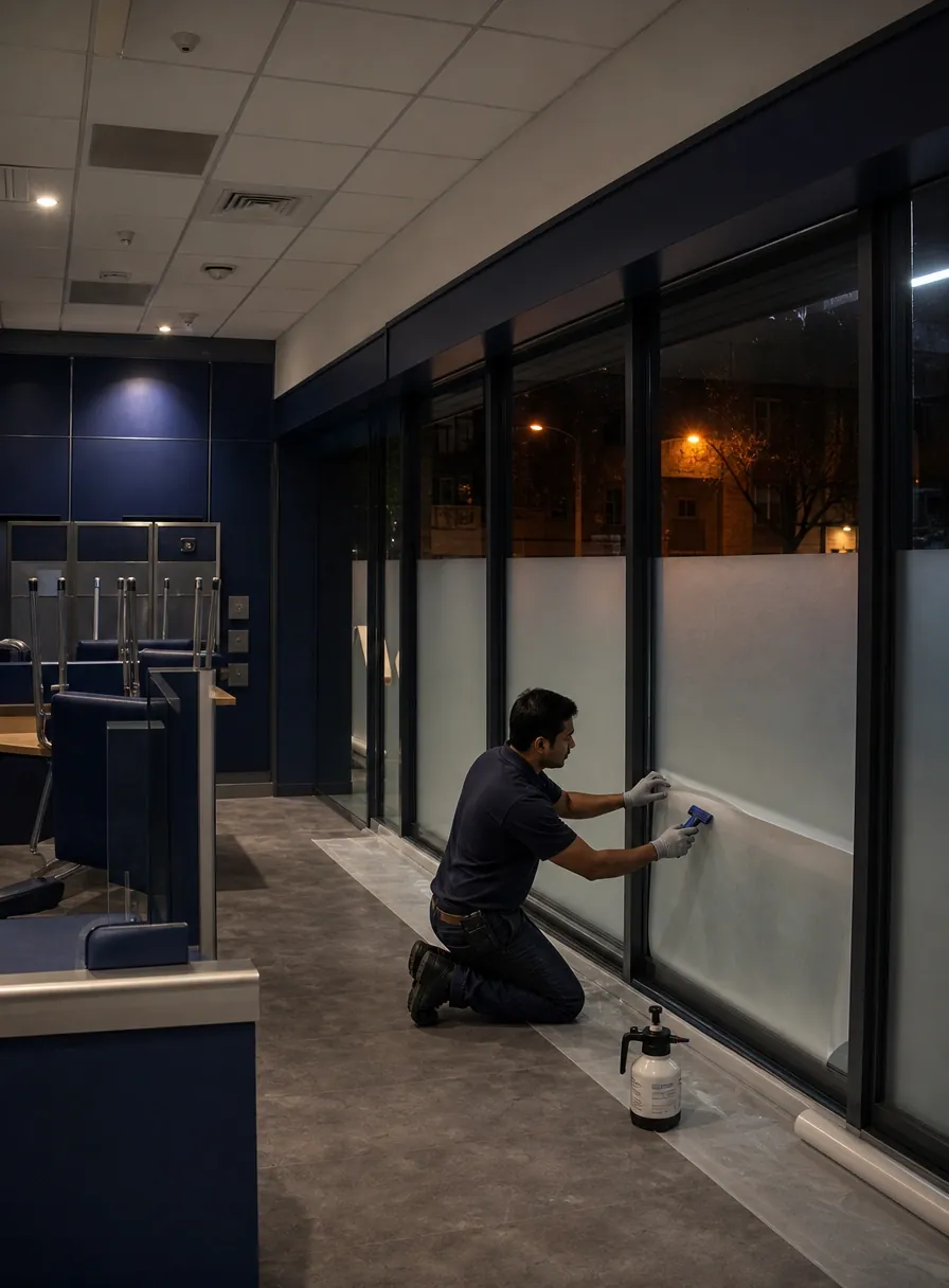 ATM lobby with surround branding and one-way vision film applied across the street-facing glazing
