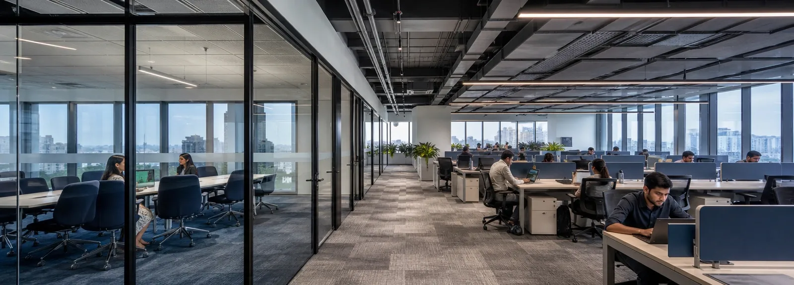 Open-plan office floor with glass partitions, integrated lighting track and carpet tile flooring