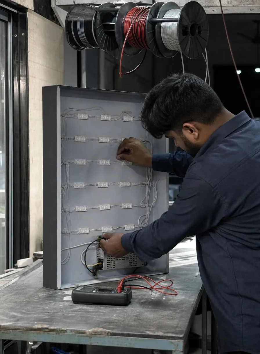 Technician wiring LED modules inside an open lightbox frame on a workshop bench