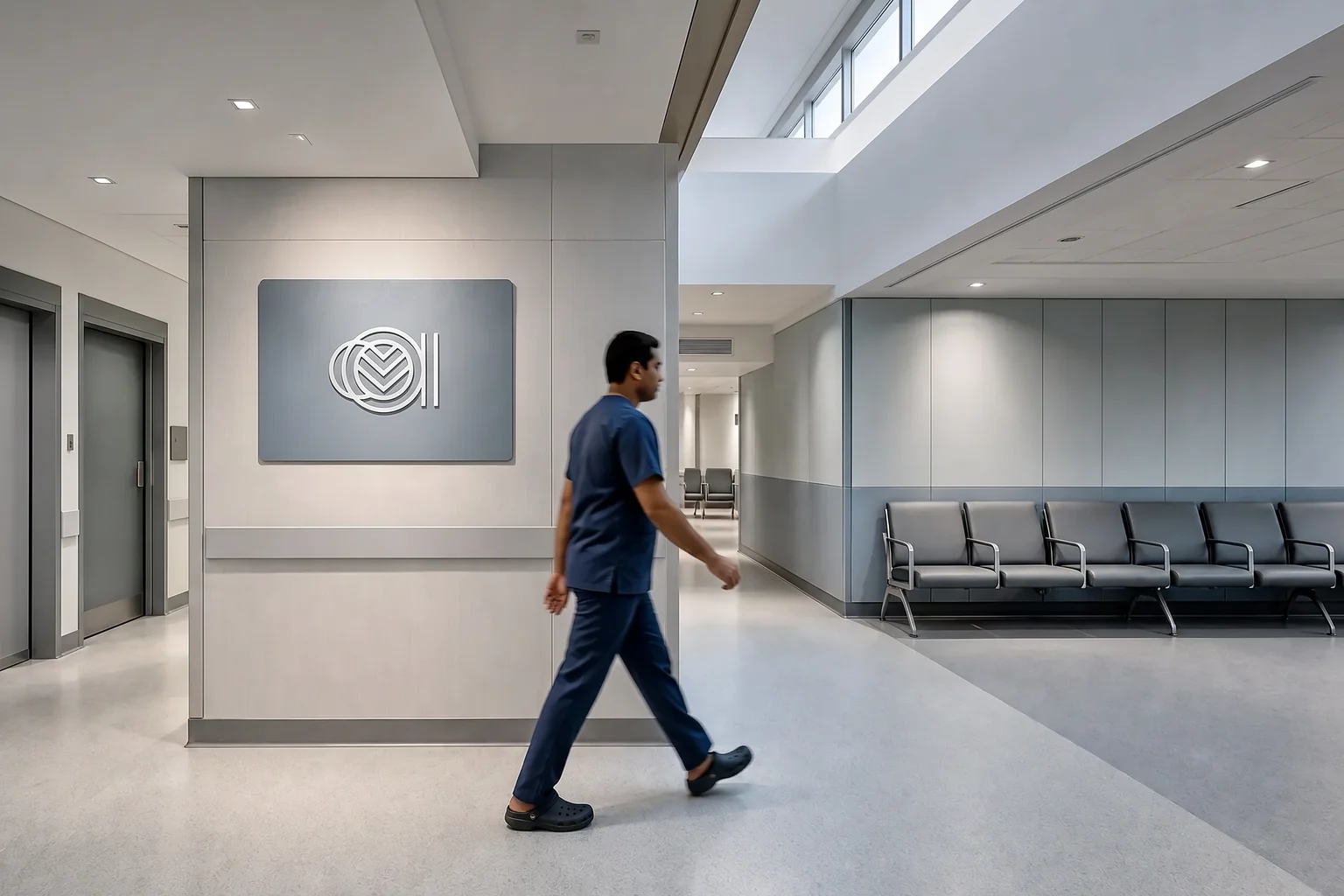 Hospital OPD corridor finished in vinyl flooring with coved skirting and clear department wayfinding