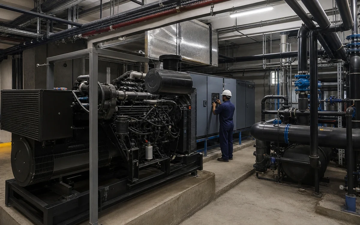 Plant room with a diesel generator set, pumps and pipework, a technician at the control panel