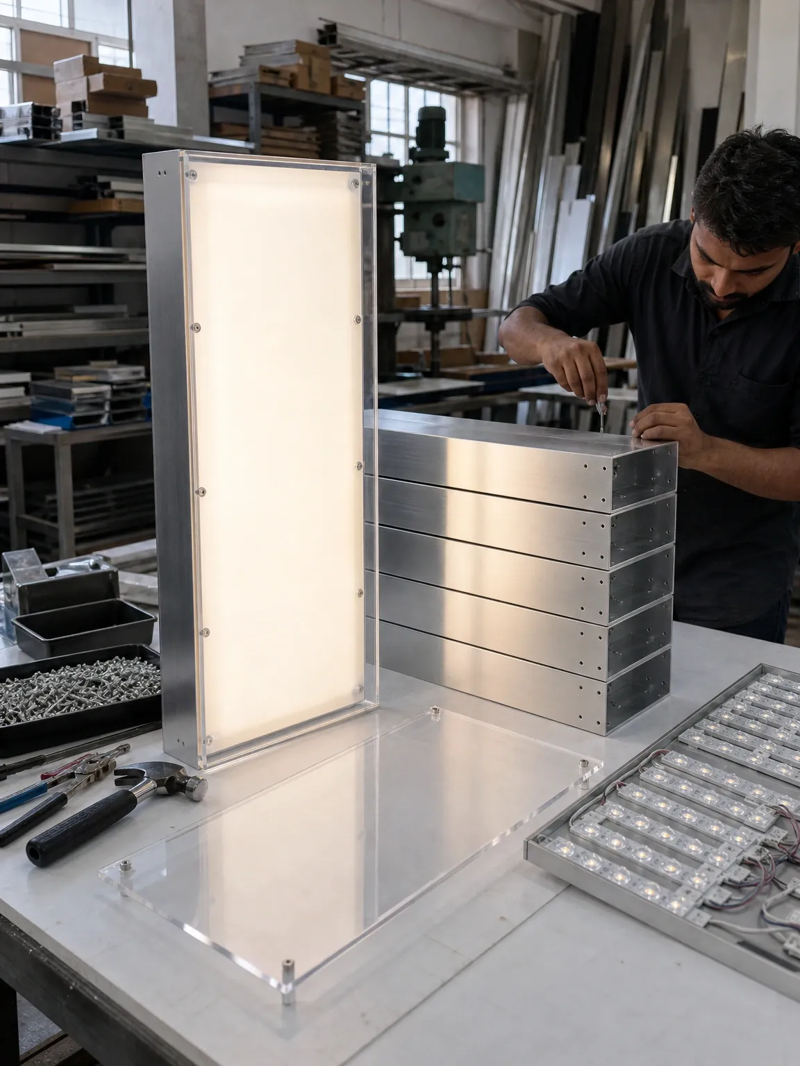 Illuminated acrylic light-box and stacked brushed-steel sign returns on a fabrication bench